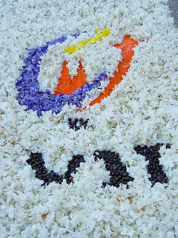 Der Blumenteppich mit dem WJT-Logo bei der Fronleichnamsprozession