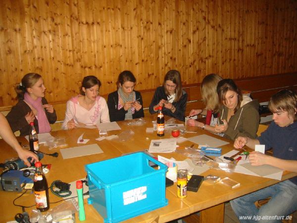 Teilnehmer des Workshops sitzen an einem Tisch, vor ihnen diverses Bastelmaterial