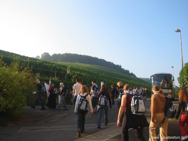 Unsere Gruppe läuft (mit den blauen Pilgerrucksäcken auf dem Rücken) zu unseren Reisebussen. Im Hintergrund sind die Weinberge bei Ahrweiler