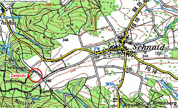 Landkartenausschnitt Schnaid; © Bayer. Vermessungsverwaltung; Maßstab 1:50000